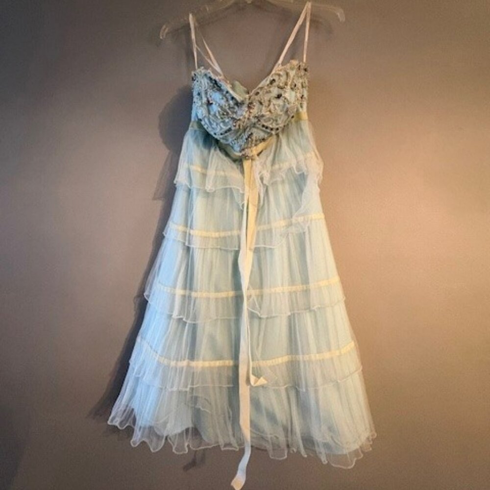 Alyce Paris Light Blue and Cream Strapless Ruffled Dress